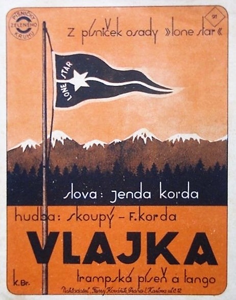 Titulní strana prvorepublikové zpěvníku s písničkou Vlajka a s věnováním i s vlajkou Lone Star